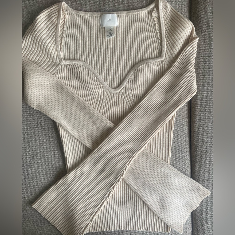 H&M Off-White Ribbed Knit Top